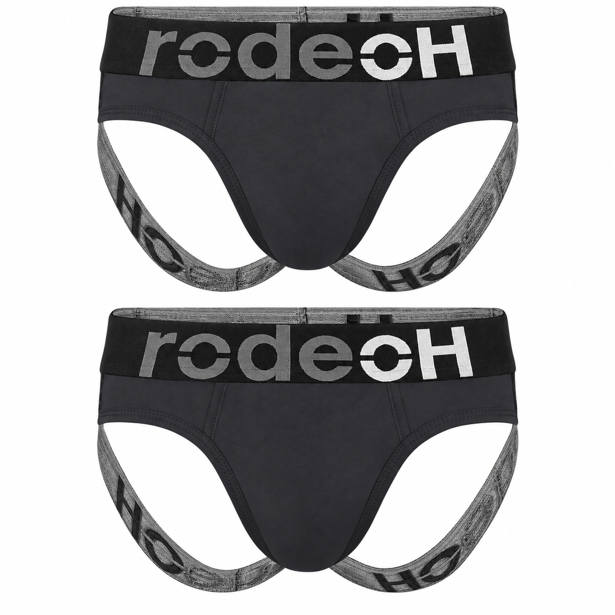 2-pack of gray RodeoH jockstraps with bold gray and white RodeoH logo waistbands and matching gray branded leg straps, displayed on a white background.
