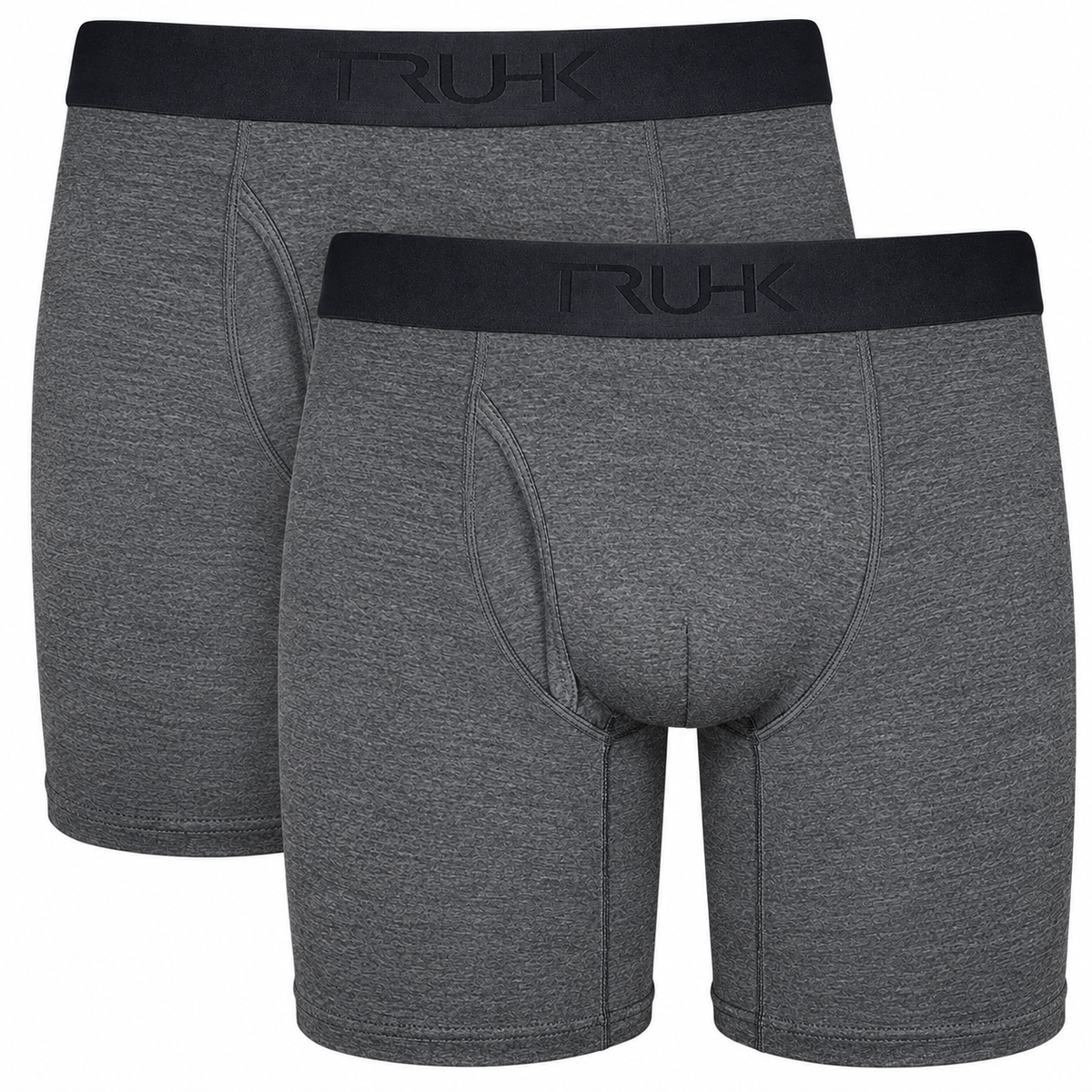 Two pairs of men's boxer briefs in heather gray, with black elastic waistbands. The front pair is slightly overlapping the rear pair, and the brand name 'TRUHK' is printed on the waistband.