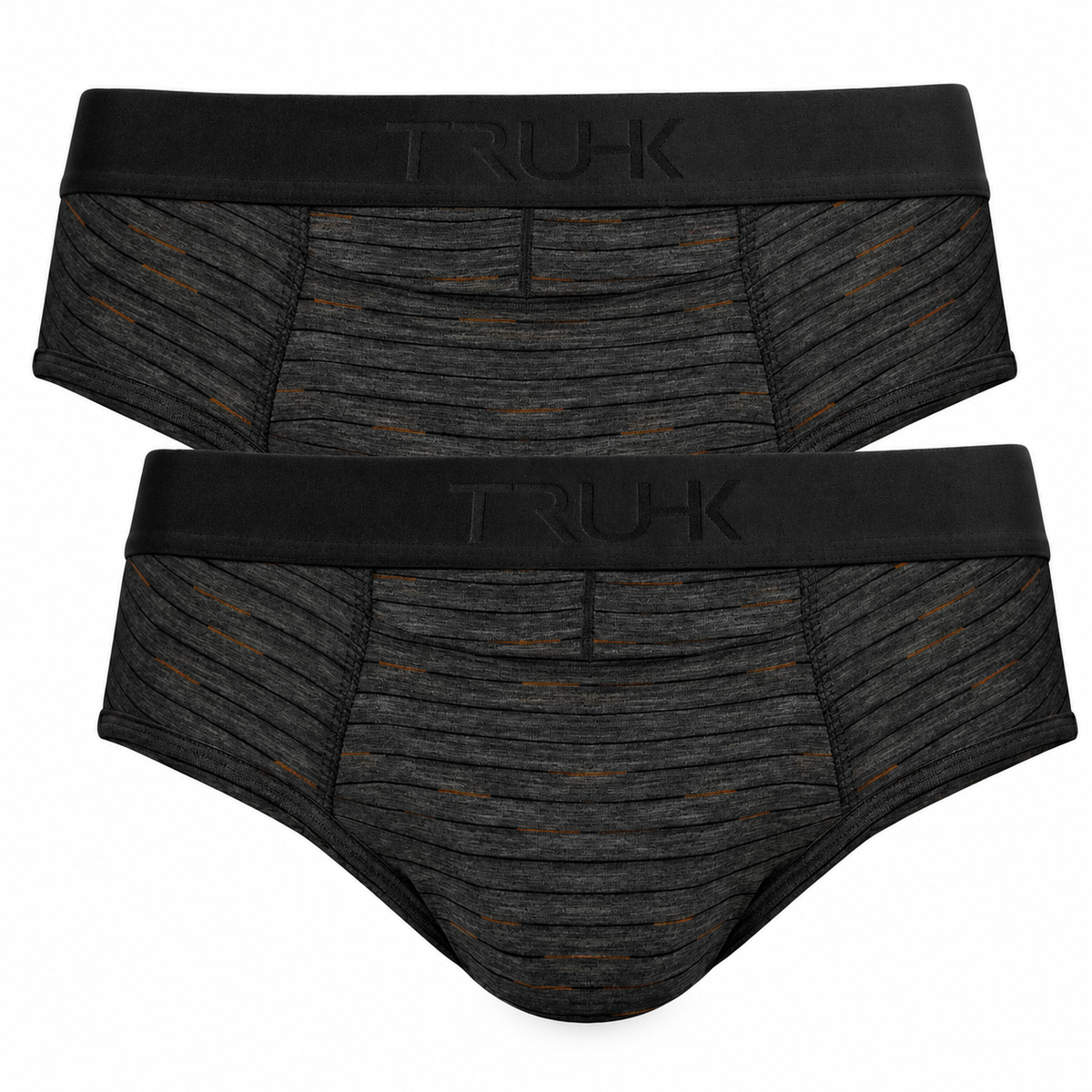 3-pack of TRUHK dark gray packing briefs with black embossed waistbands and subtle orange stripe details, displayed on a white background.