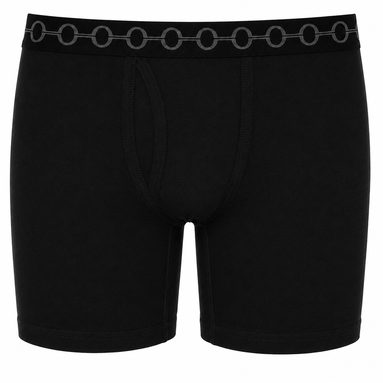 Black unisex boxer briefs with a distinctive dark gray chain-link pattern along the elastic waistband, shown against a plain white background.