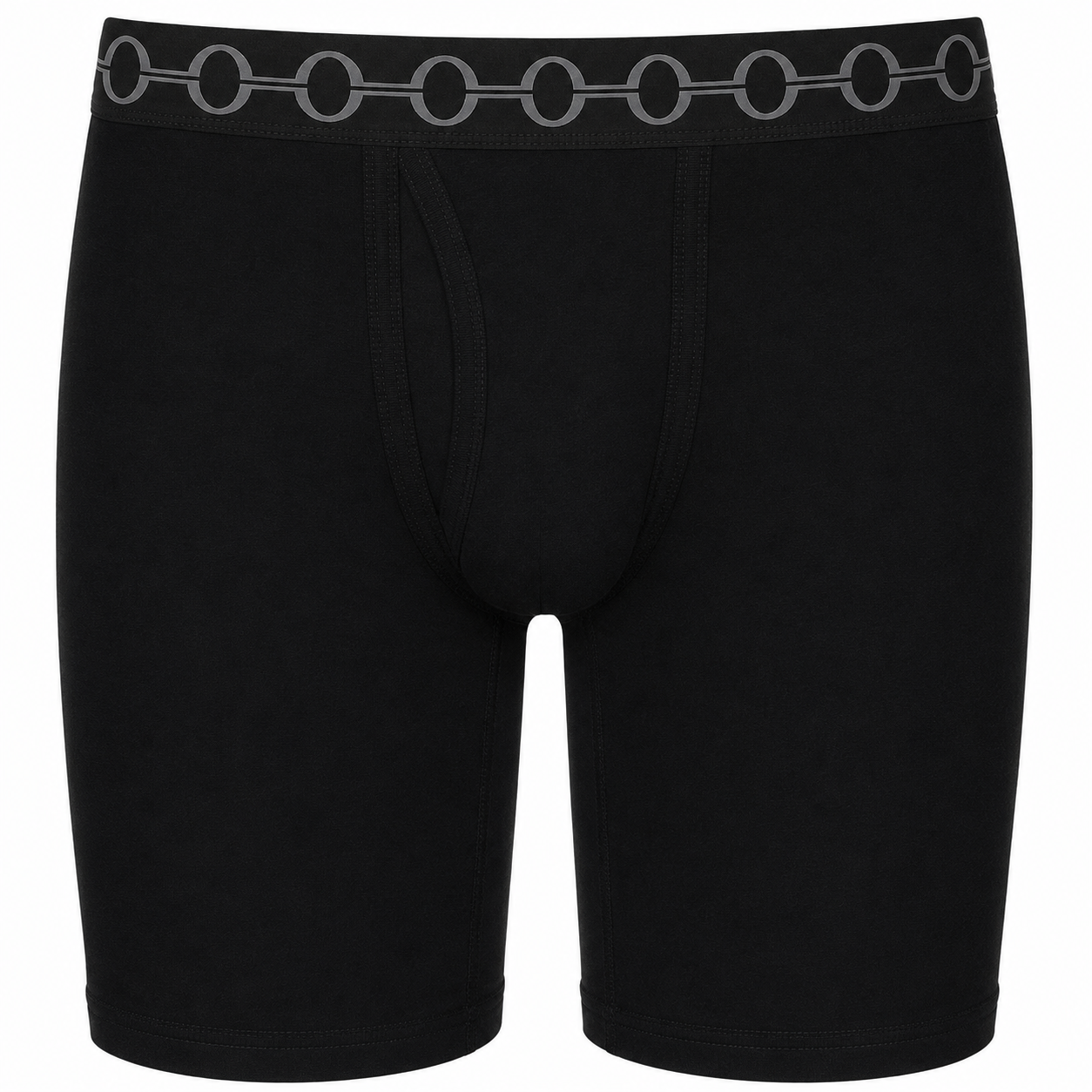 Black unisex boxer briefs with a distinctive gray chain-link pattern along the waistband, shown on a plain white background.
