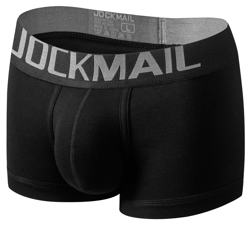 jockmail boxer brief packer underwear in black from the front with interior of waistband in the back showing