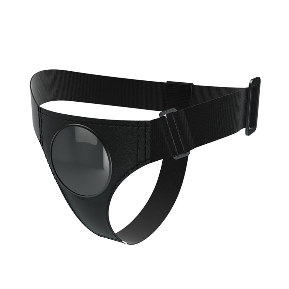Black Adjustable strap dock style strap on harness with suction plate for dildos form the front and side