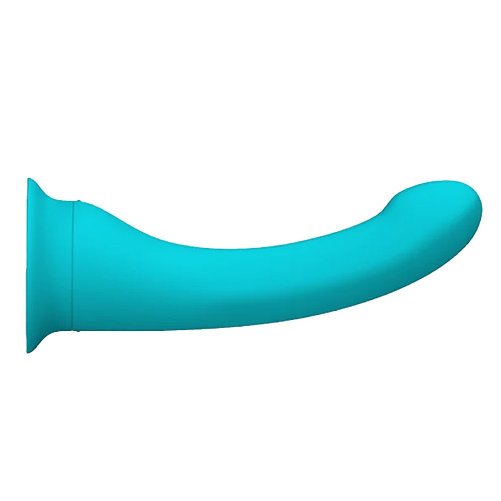 Banana Split customizable couples strapless strap on vibrator banana, with it's included suction base to use as a stand alone vibrator, from the side