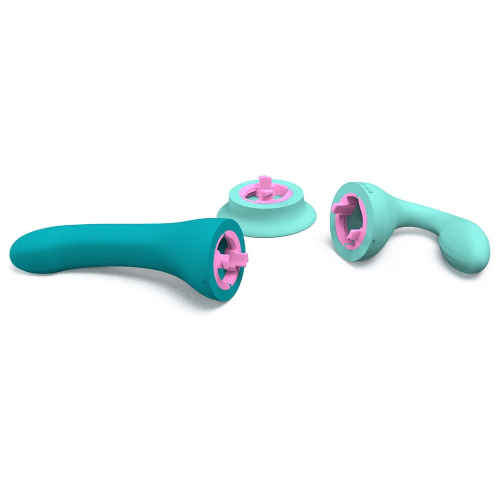 Banana Split customizable couples strapless strap on vibrator with dollop side, and banana side, separated to show how they connect