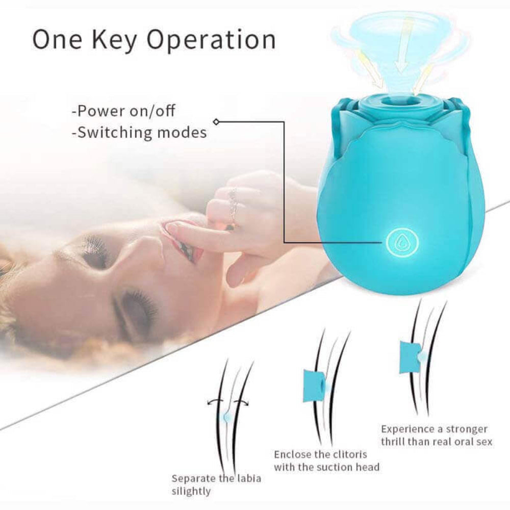 nexus Vibe PetalPulse silicone air pulse rose clitoral stimulator, in a graphic sketch with how to use instructions