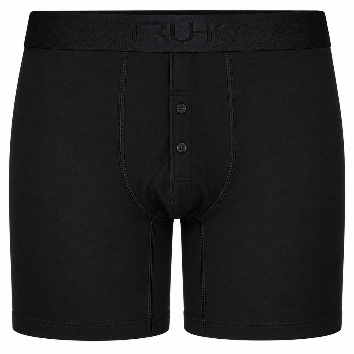 TRUHK Button Fly Boxer packing underwear in black, front view showing button fly and pouch