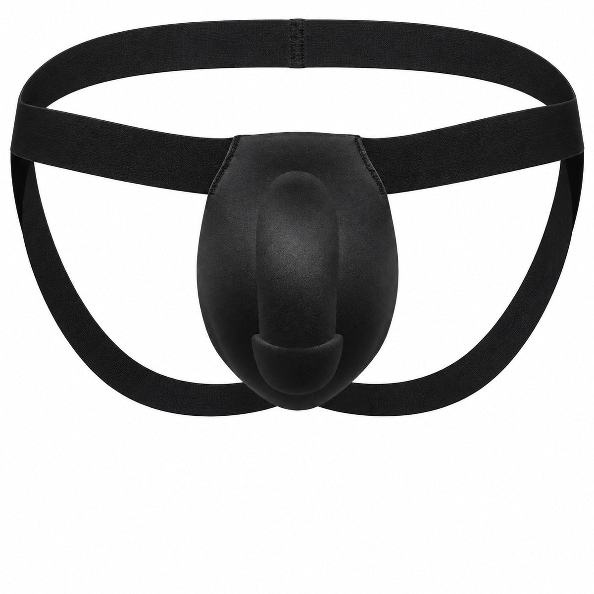 FTM Comfy Sport Packer Jock in black, front view showing the built-in foam bulge
