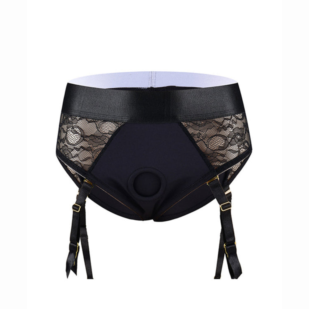 Crotchless open back lave panty harness with removable garter straps 3d view form the front 