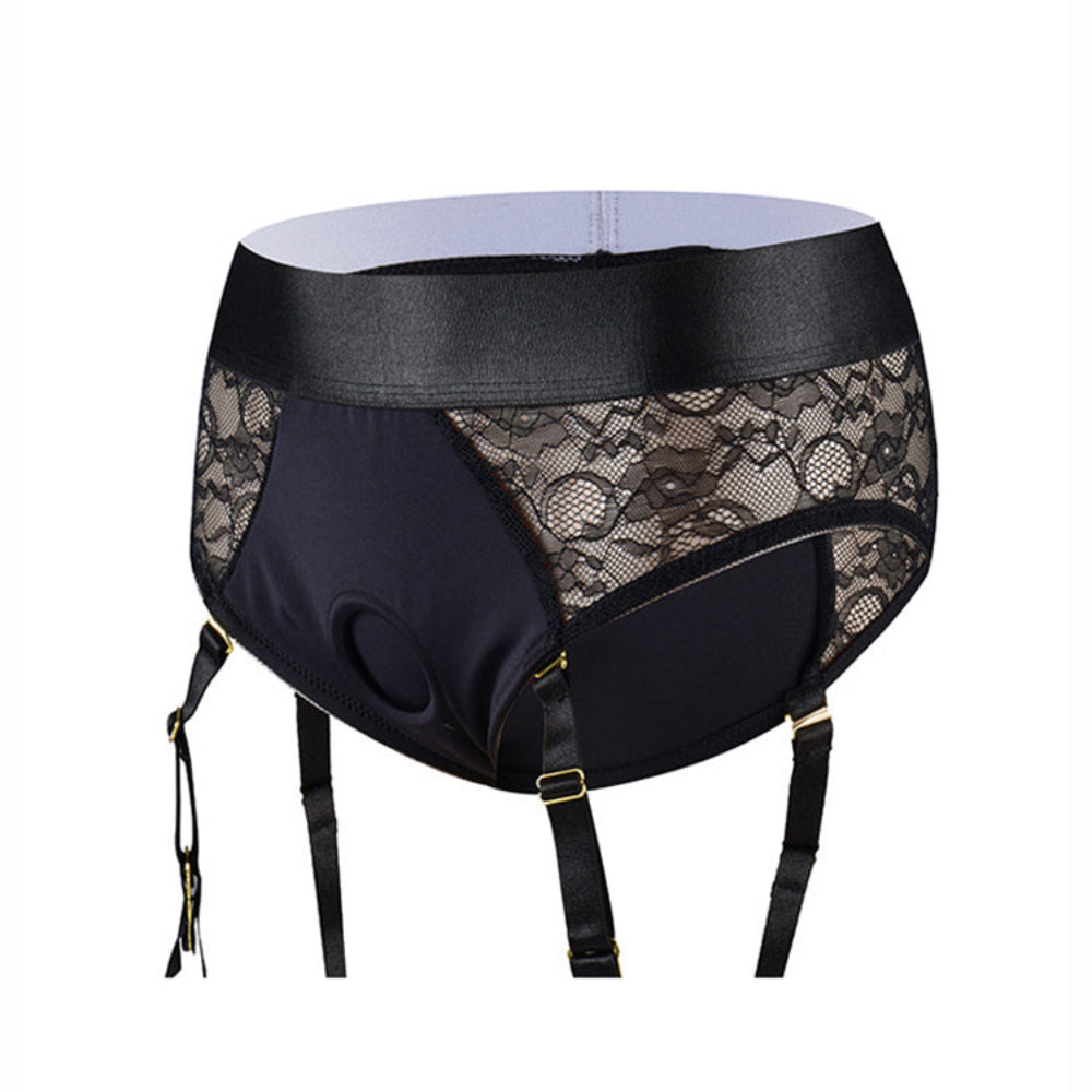 Crotchless open back lave panty harness with removable garter straps 3d from the front and side