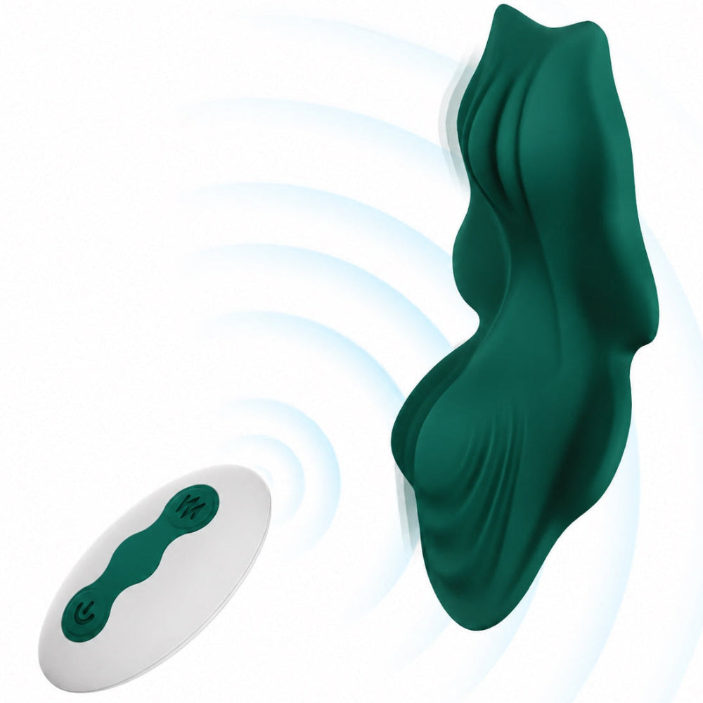 Green Flutter silicone remote control panty vibe with remote, form the side and top