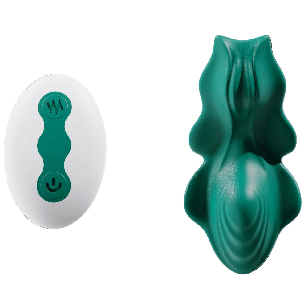 Green Flutter silicone remote control panty vibe and remote side by side from the top