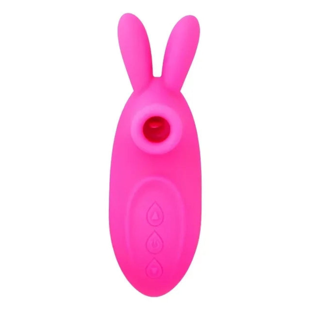 pink silicone bunny  shaped clitoral vibrator with licking tongue and vibrating ears from the front