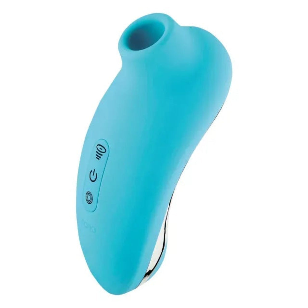 Nexus Tap Dance suction and tapping silicone vibrator in teal blue, from the front and side with function buttons