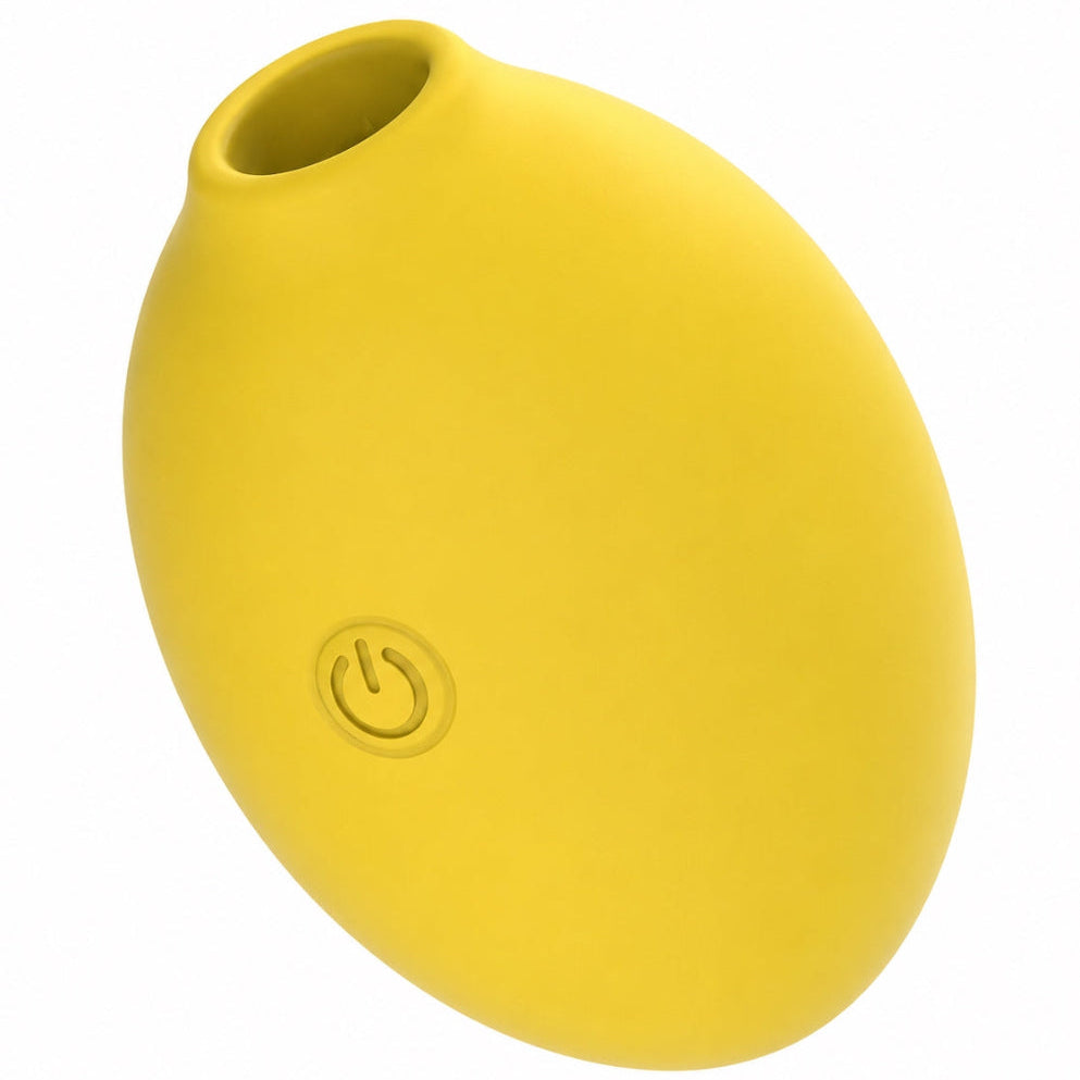 Nexus vibes lemon pucker sucking yellow silicone lemon shaped vibrator, showing suction opening