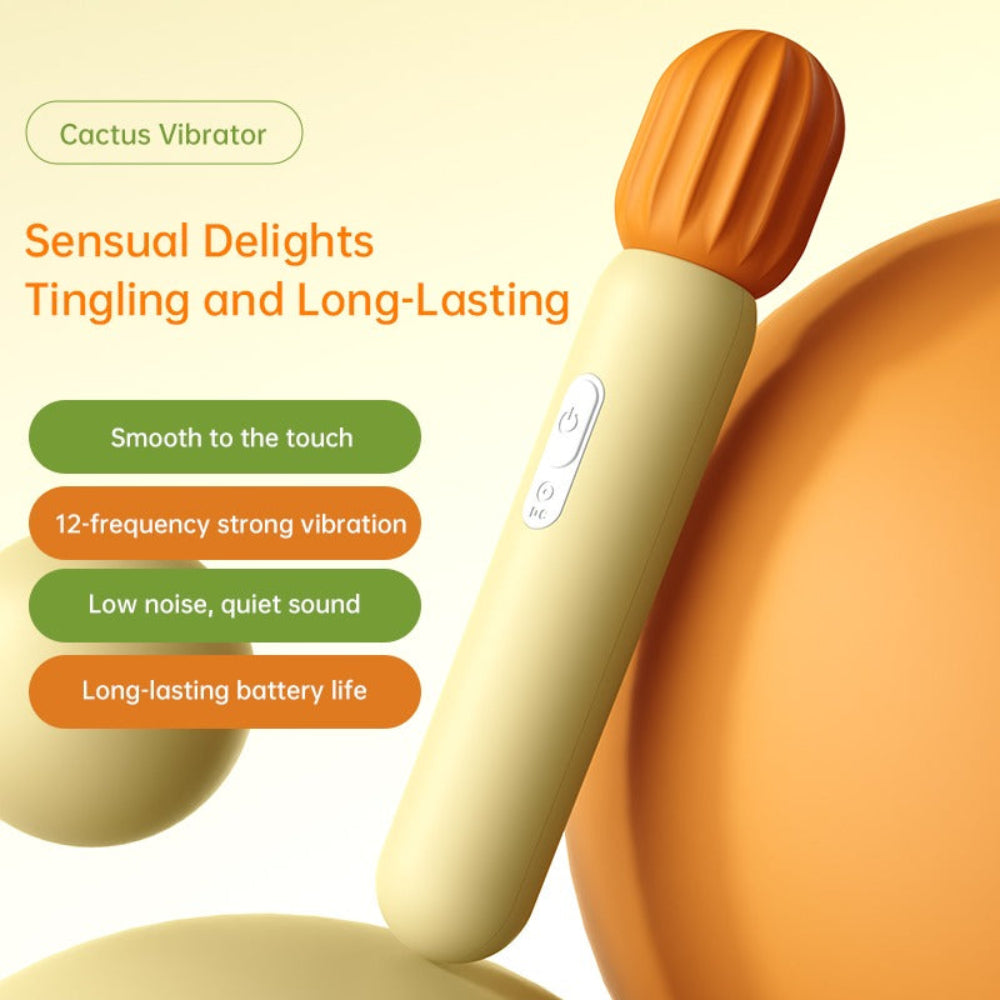 Nexus Cactus slim yellow and orange silicone wand vibrator from the front and side with power button and charging port in view in a grpaghoc image with features