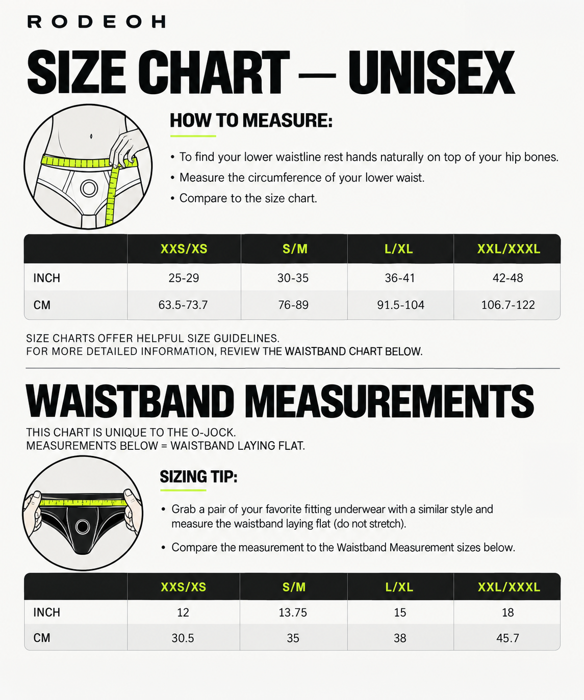 A Rodeoh size chart and waistband measurement guide for unisex apparel, showing tables for XXS/XXL/XXXL sizes in inches and centimeters, plus measurement instructions and a waistband measurement illustration.