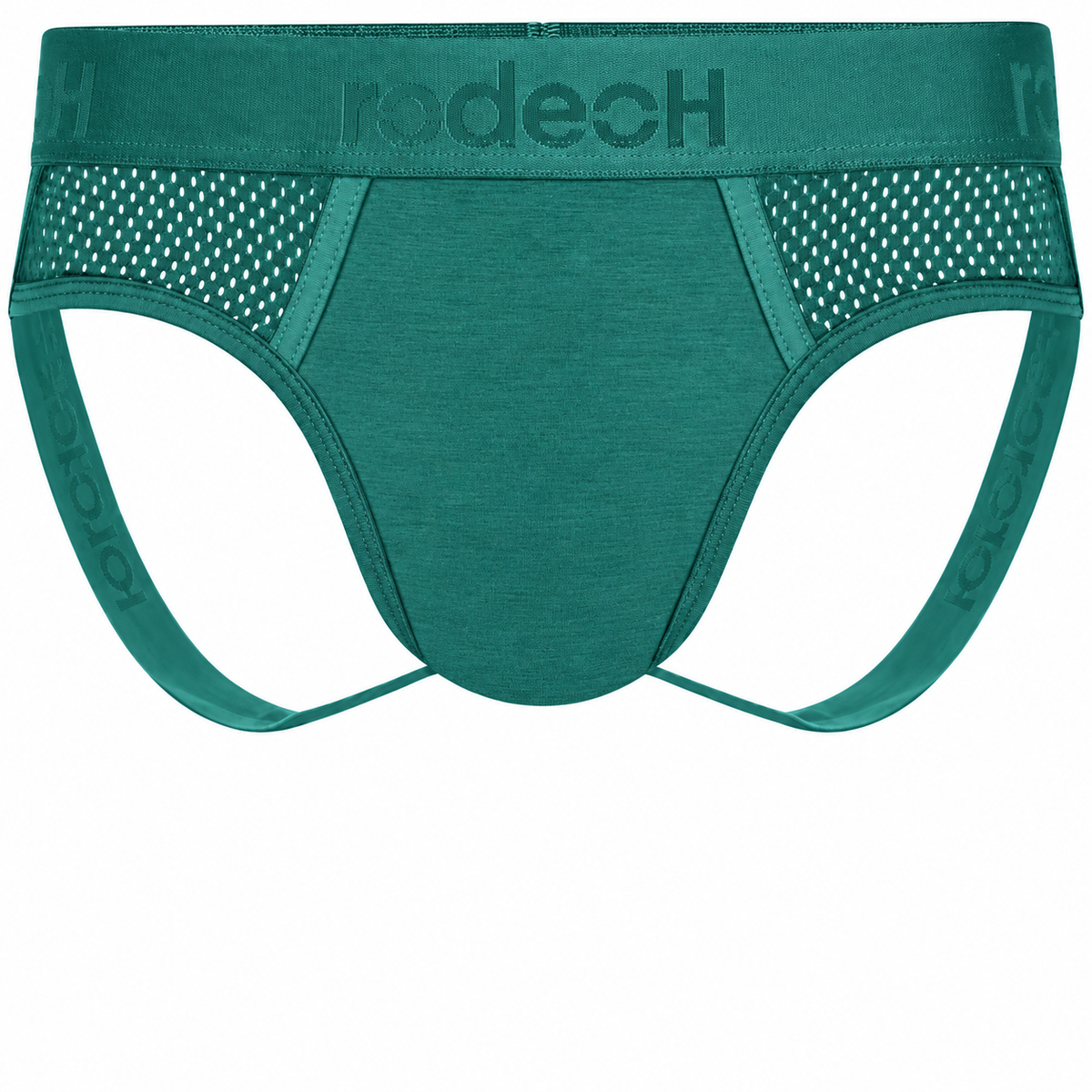 RodeoH Shift Jock gender-neutral underwear in pacific teal, from the front