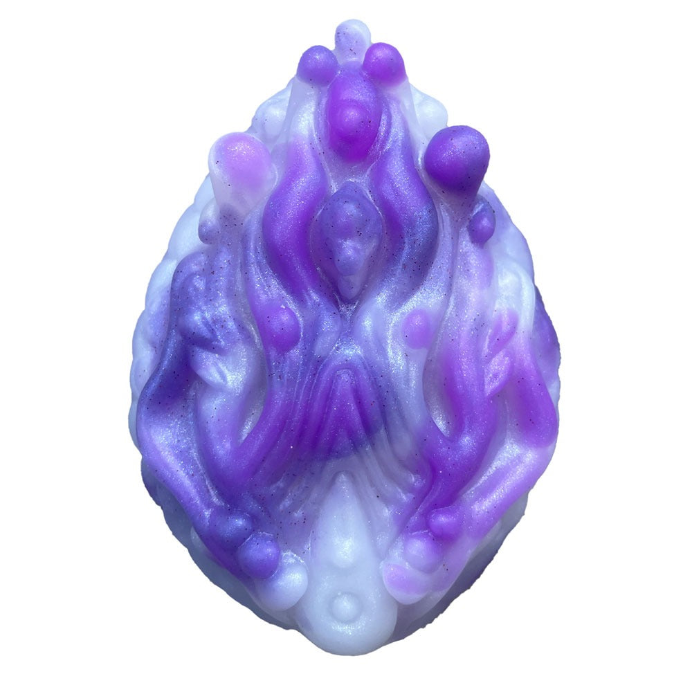 Pris toys tribble silicone fantasy grinder dildo cushion in amethyst, a swirls of 3 shades of purple, from the front