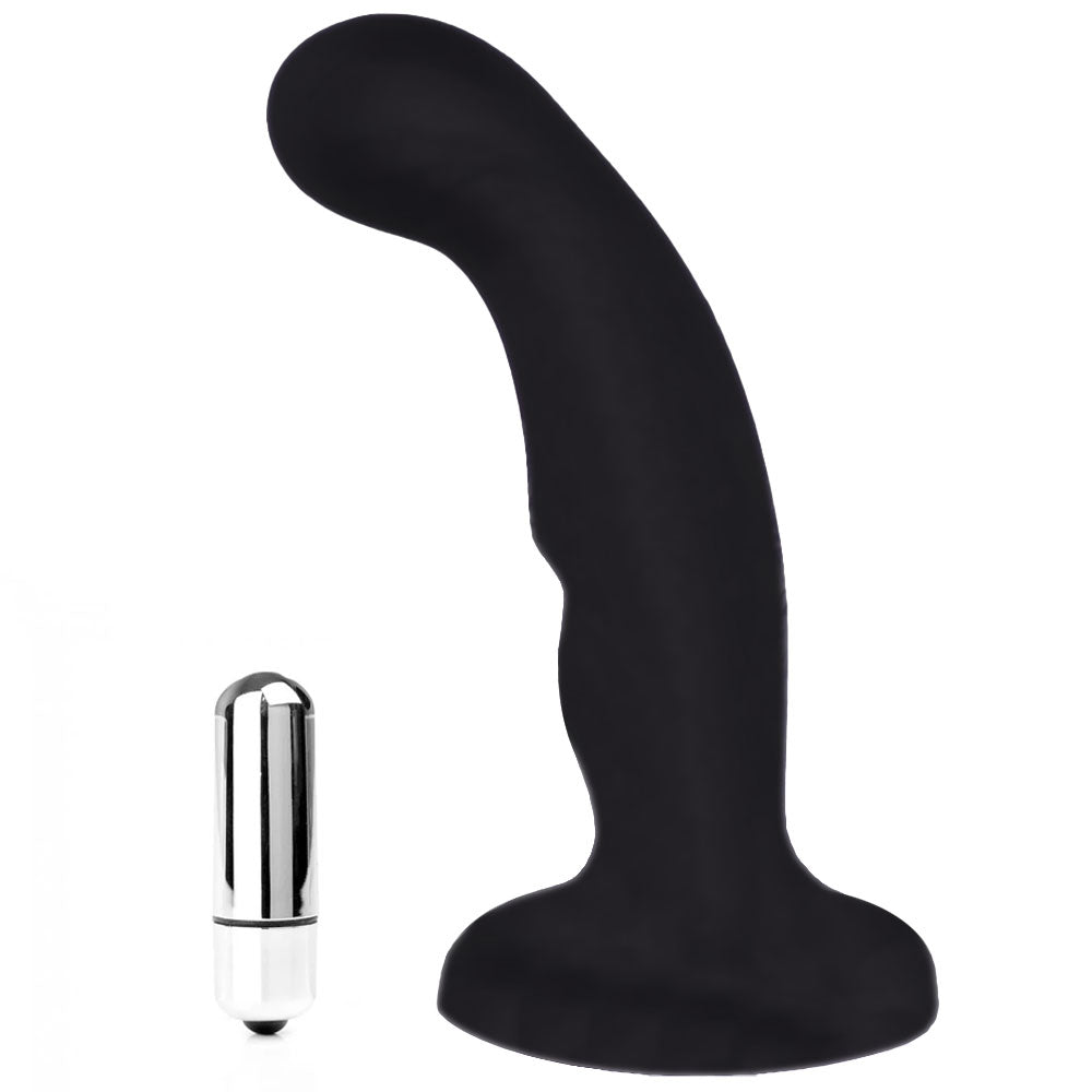Prostim Black silicone anal dildo from the side, with included silver bullet vibe