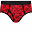RodeoH Top Loading Brief Packer Underwear in red Hearts & Roses print: black line-drawn anatomical hearts and roses on deep red, front view