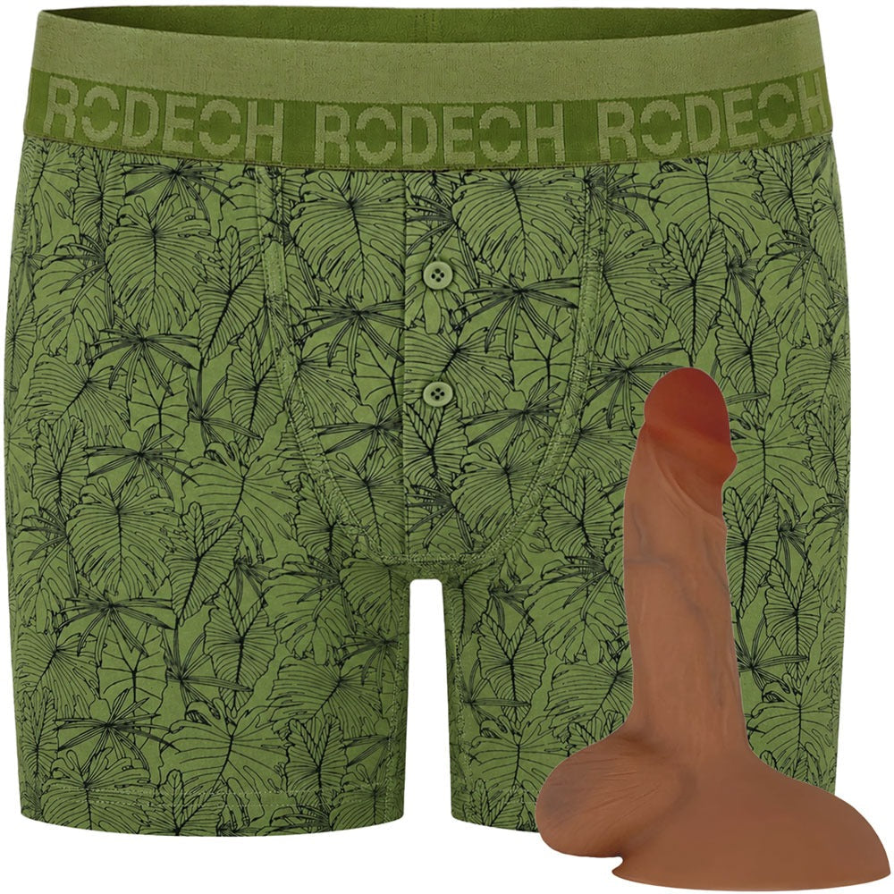 Rodeoh verdant leave green printed button fly boxer harness from the front shown with dark caramel flex dildo included in package deal