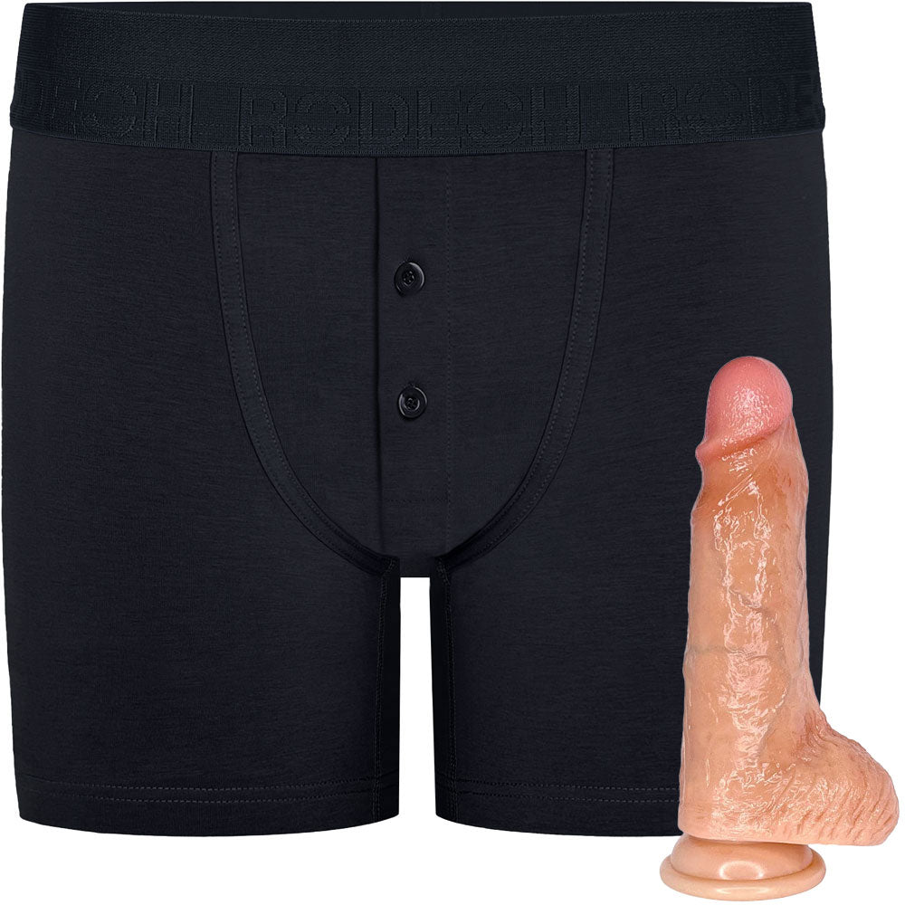 RodeoH Black Button fly boxer harness flat from the front with  vanilla color of 6" Slyder dildo shown from the side