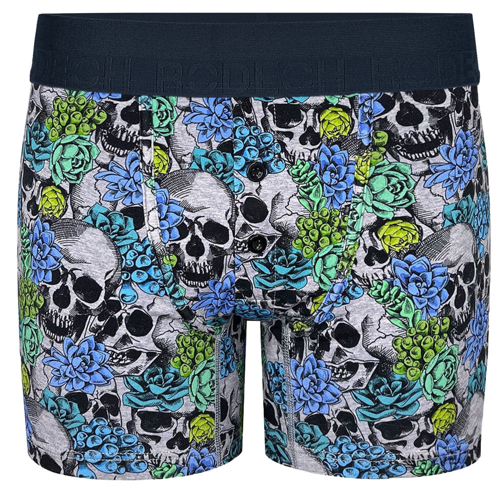 rodeoh button fly boxer harness with gray skull print and black rodeoh logo waistband