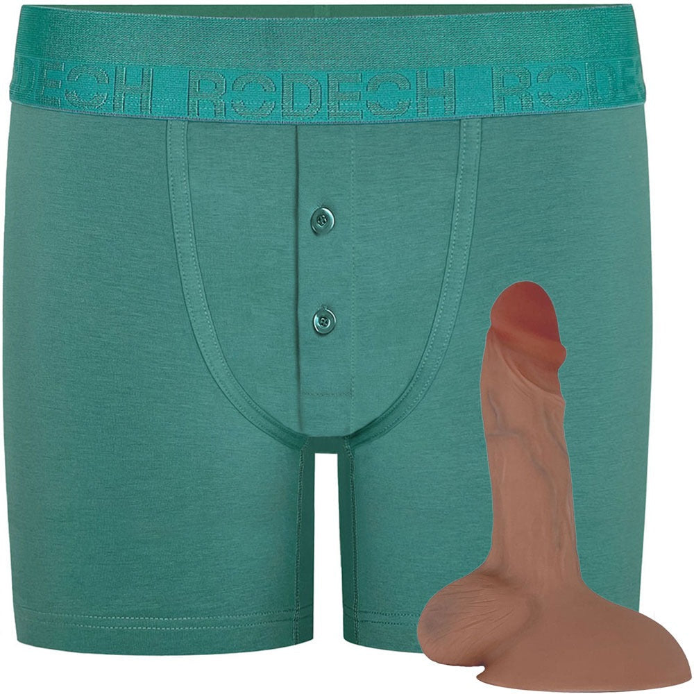 Rodeoh Pacific Teal green button fly boxer harness from the front, shown with caramel flex dildo included in package deal