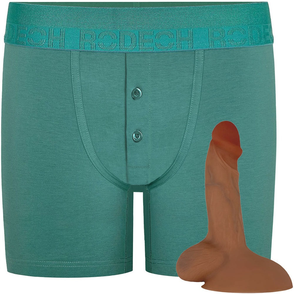 Rodeoh Pacific Teal green button fly boxer harness from the front shown with dark caramel flex dildo included in package deal