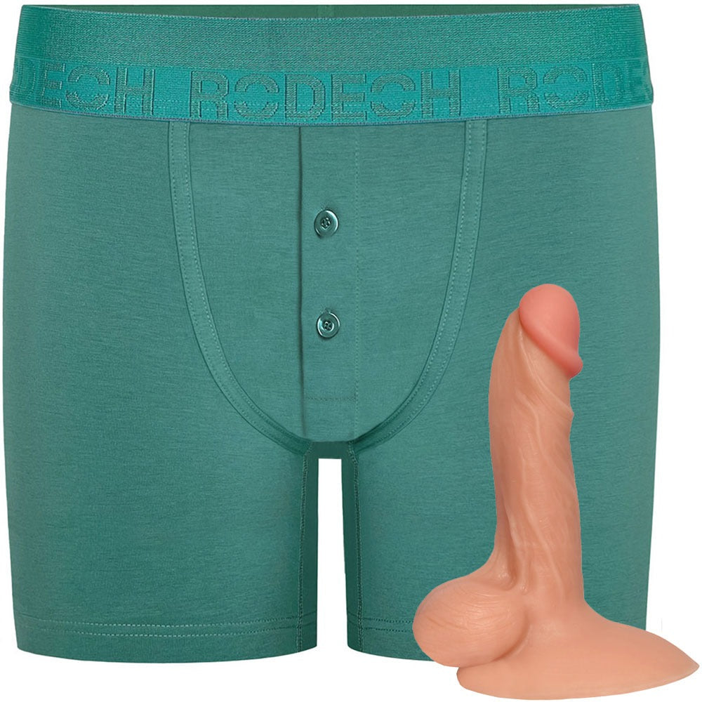 Rodeoh Pacific Teal green button fly boxer harness from the front shown with vanilla,  flex silcione dildo included in package deal