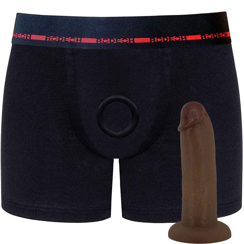 Classic Boxer+ Harness - Black & Red & 7" SoReal Posable Dildo - PACKAGE DEAL
