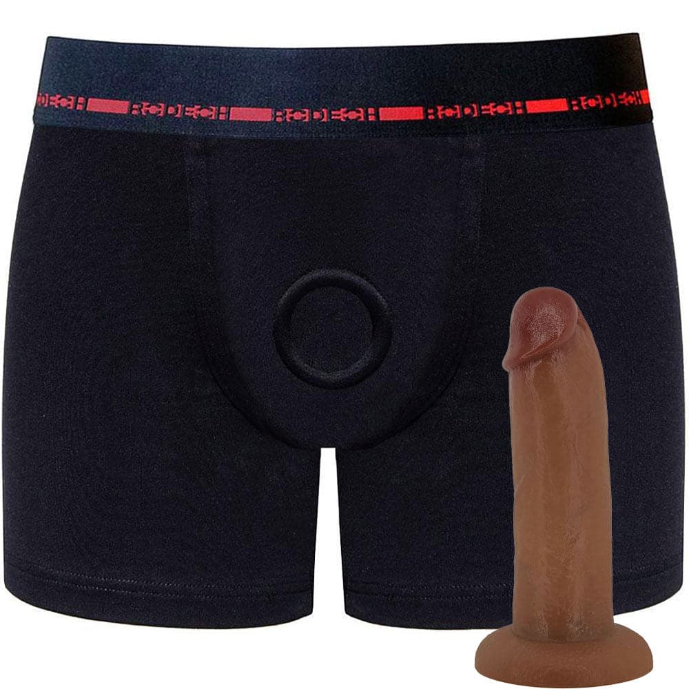 Classic Boxer+ Harness - Black & Red & 7" SoReal Posable Dildo - PACKAGE DEAL