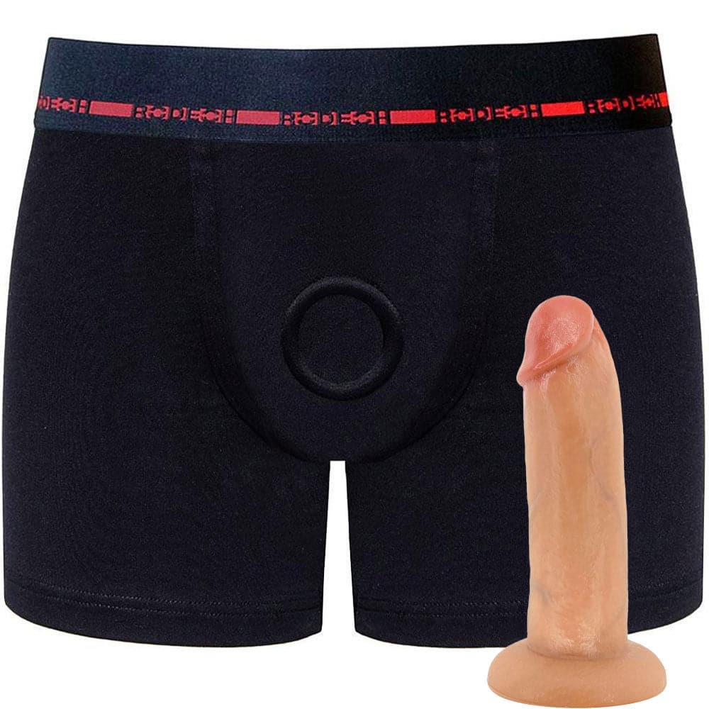 Classic Boxer+ Harness - Black & Red & 7" SoReal Posable Dildo - PACKAGE DEAL