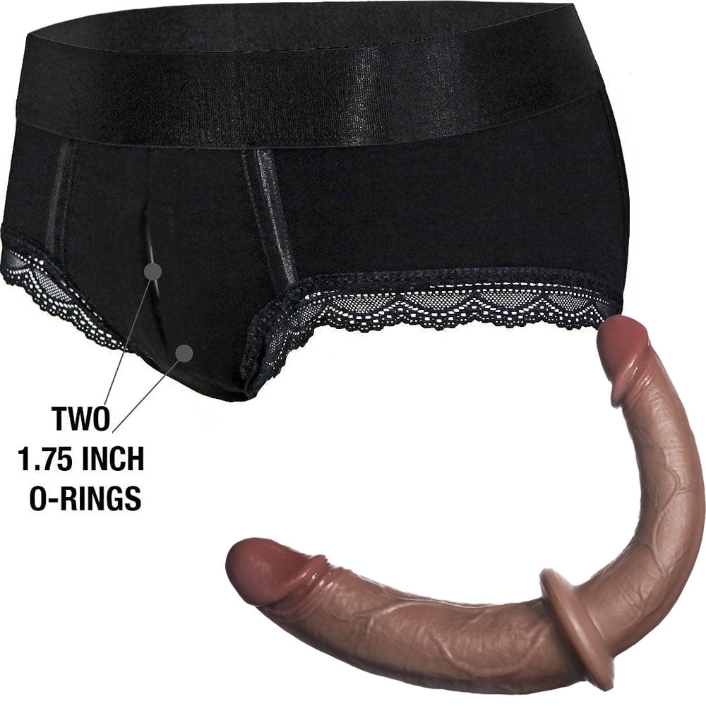 Black Rodeoh duo panty harness and and  double trouble realistic dildo in mocha