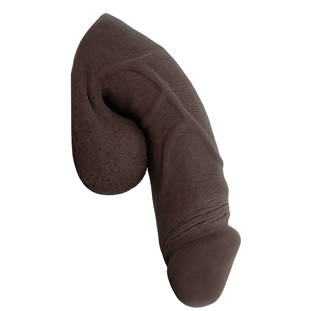 Freeform Medium 5 inch silicone soft  ftm packer, chocolate colors from the side in the flaccid packed position