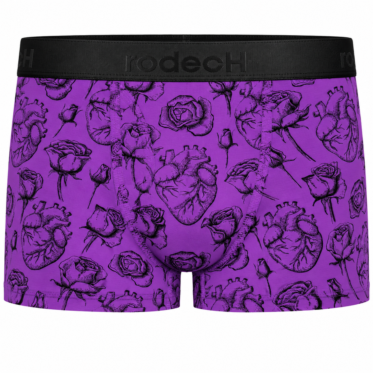 RodeoH Shift Short packer underwear in Hearts & Roses purple print, from the front