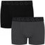 Two pairs of boxer briefs shown on a plain white background: one black pair and one dark gray pair, both with a wide elastic waistband featuring a repeating circular logo pattern.