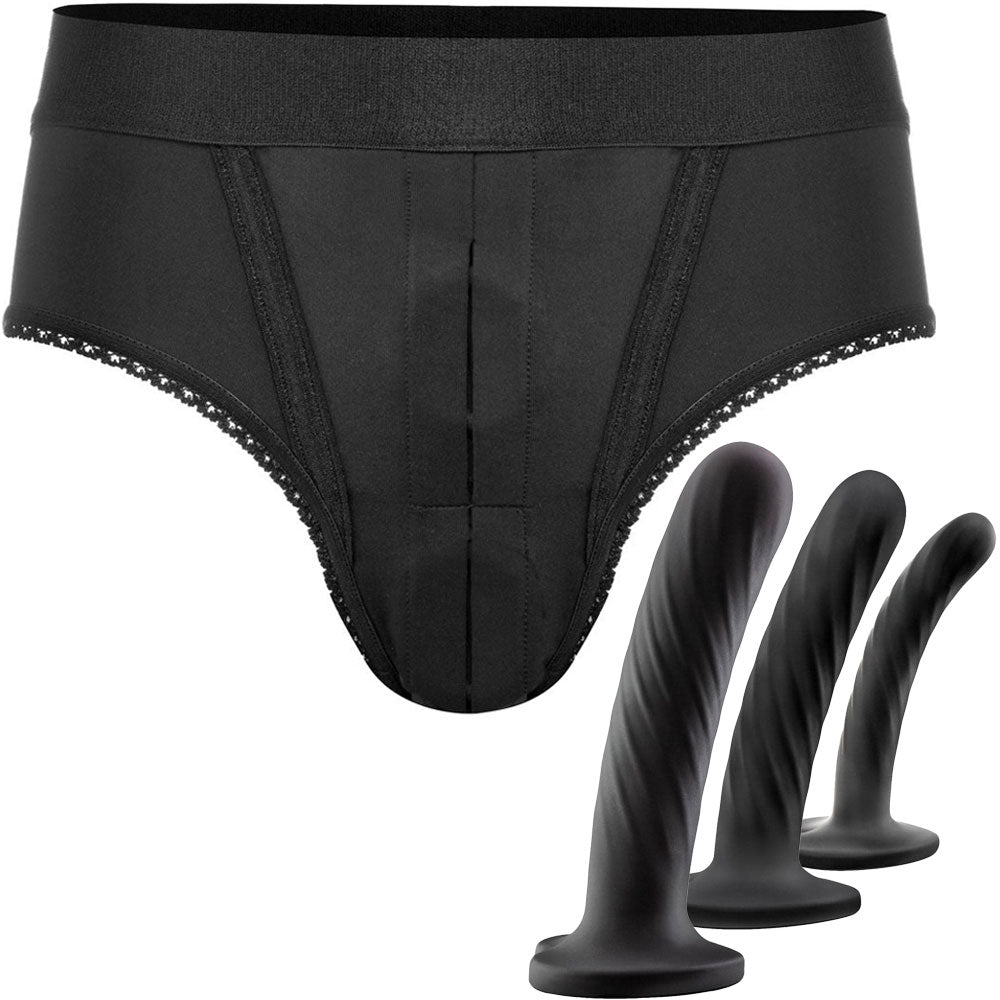 Beginner's Kit - High Cut Luxe Panty Harness and Set of 3 Silicone Dildos  - Package Deal