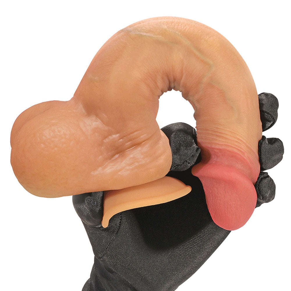 Nexus Silicone Dual Density Caramel colored Silicone Dildo with Floating Balls and realistic painted details , being held in one hand bent backwards to show the flexibility