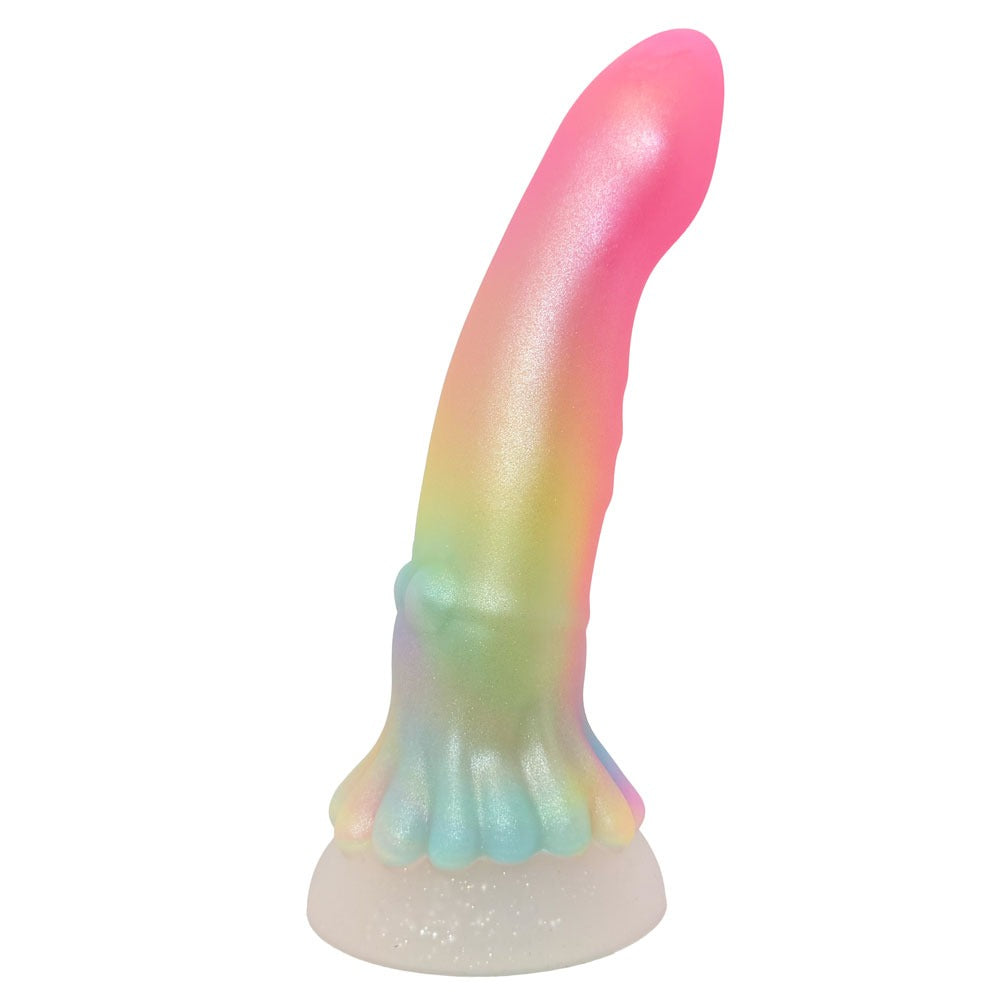 Nexus Silicone fantasy squid dildo in rainbow shimmer flat on its suction base from the side