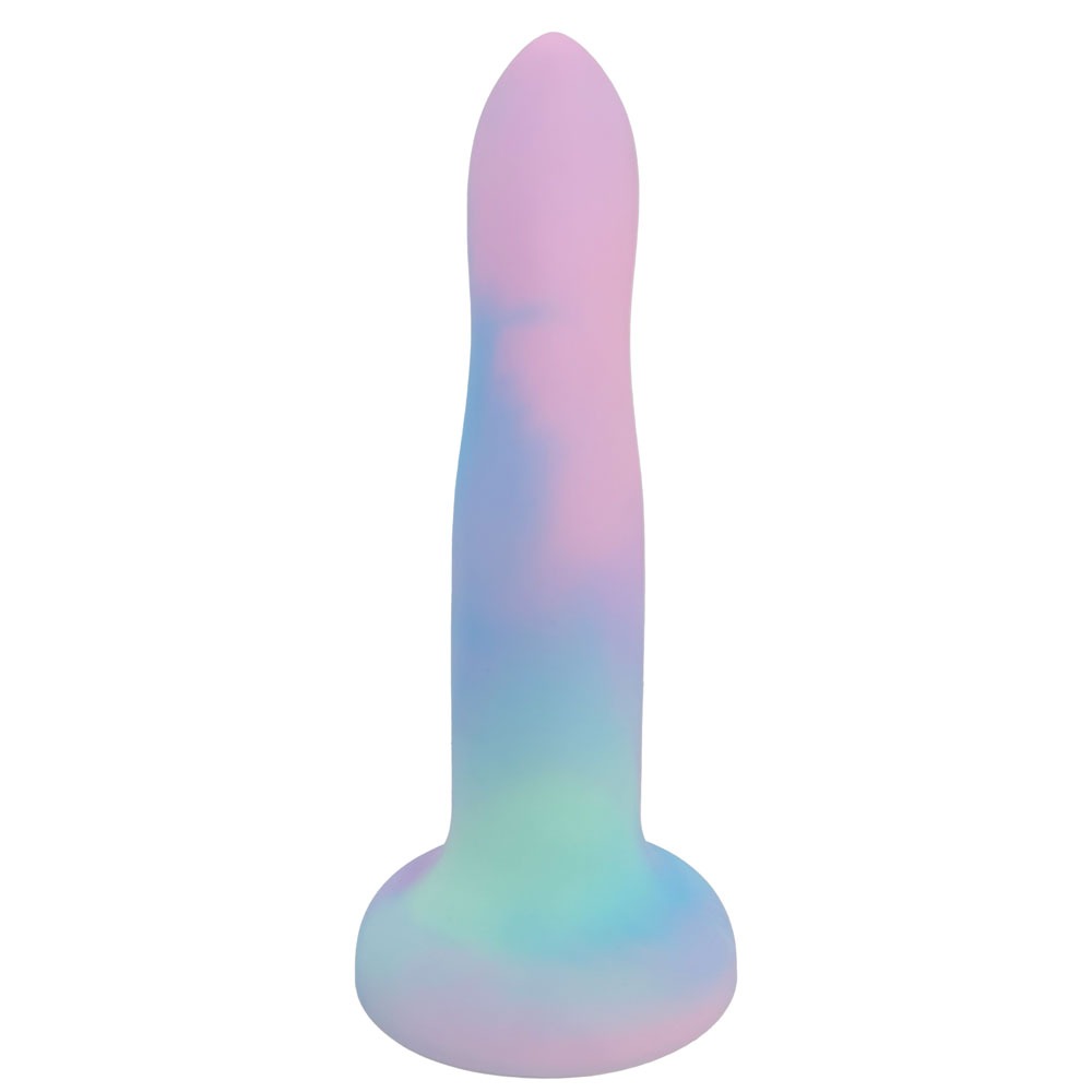 Nexus Rory 6 silicone dildo in pastel whimsy color swirl, on its suction cup base, from the front