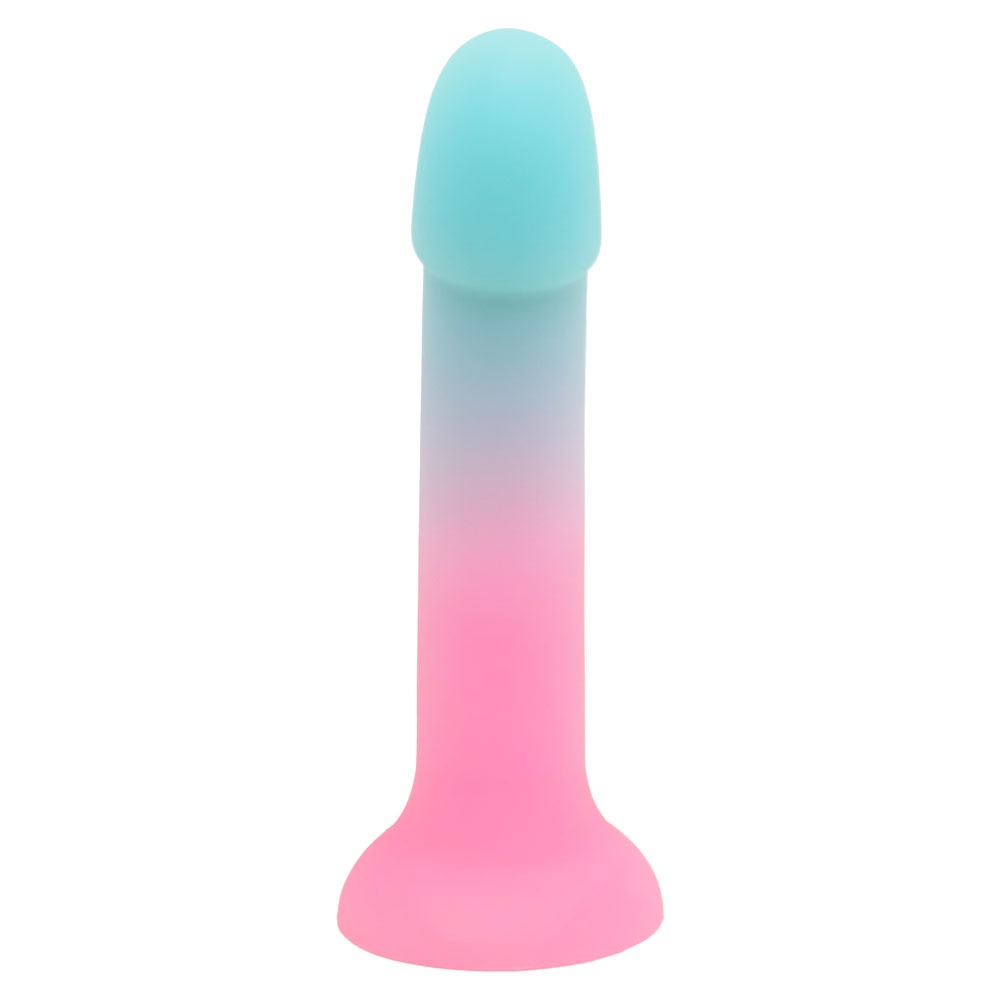 Nexus Sol Sweet tart pink and blue silicone dildo, flat on its  suction base, from the front