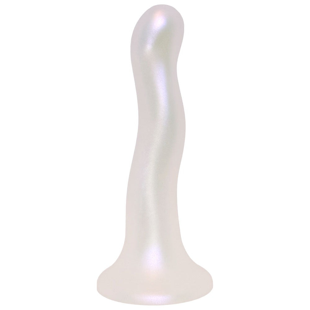 Nexus Sway silicone pearlescent wavy dildo, flat on it suction base, from the front