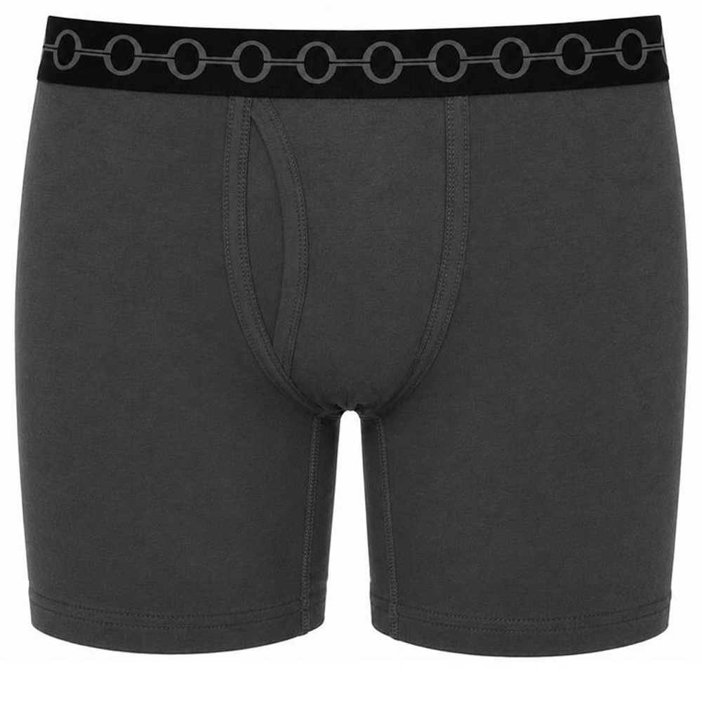 6" Dark gray unisex boxer briefs with a black waistband featuring a repeating gray chain-link pattern.