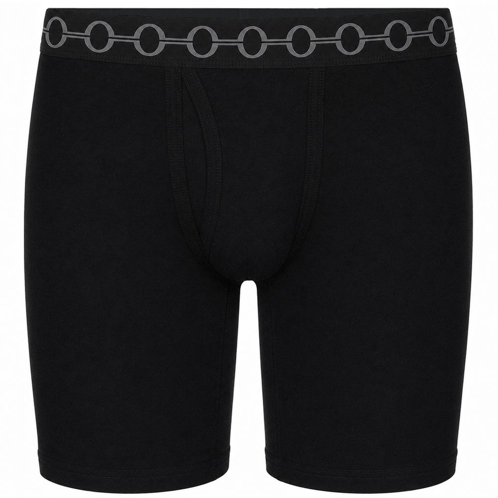 Black boxer briefs with a distinctive gray chain-link pattern along the elastic waistband, shown against a plain white background.