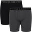Two pairs of boxer briefs shown on a plain white background, with one pair in black and the other in dark gray. Both have black elastic waistbands with a repeating circular ring pattern.