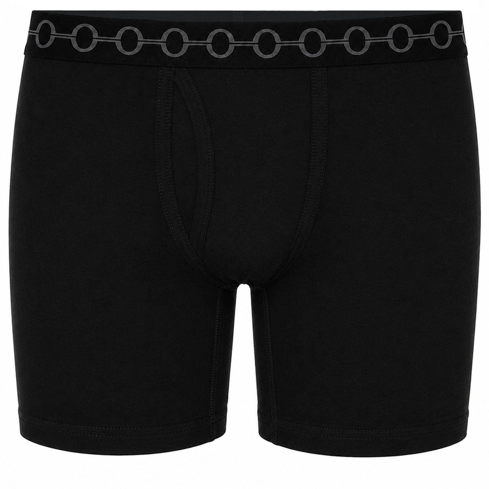 Black boxer briefs with a distinctive waistband featuring a repeating pattern of interlocking gray rings, shown against a plain white background.