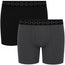 Two pairs of boxer briefs shown on a plain white background: one black pair and one dark gray pair, both with black waistbands featuring a repeating ring motif.
