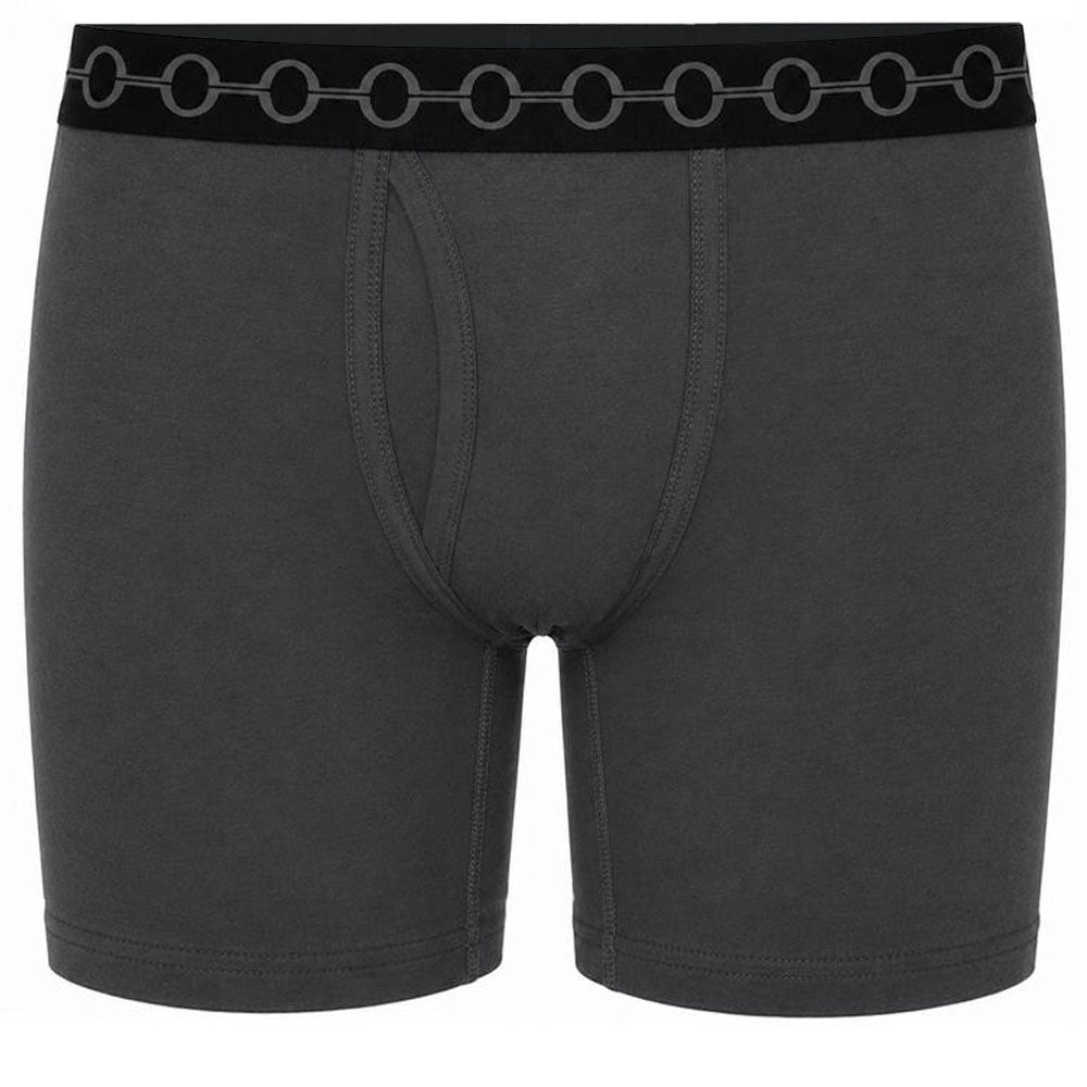 Dark gray boxer briefs with a black waistband featuring a repeating gray interlocking rings logo, shown against a plain white background.
